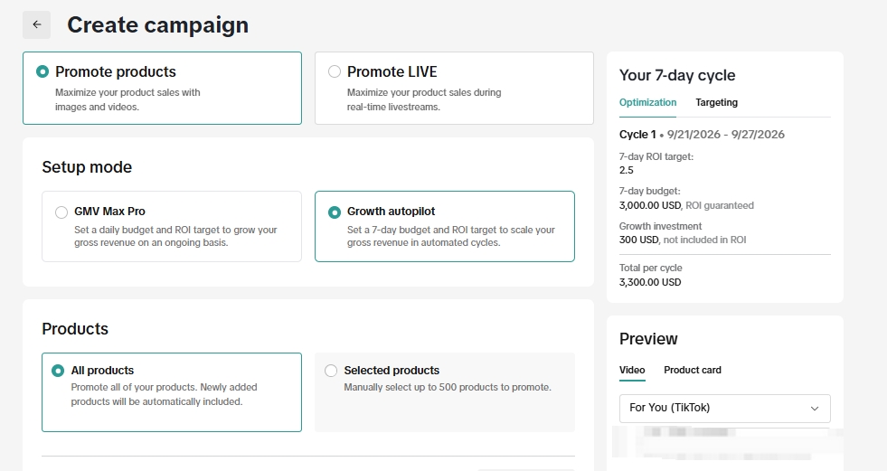 Growth Autopilot selected beside GMV Max Pro in the TikTok Shop campaign setup; a sample cycle totals $3,300.