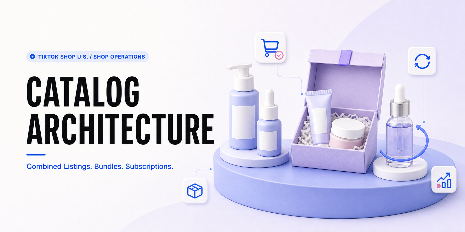WE Marketing Catalog Architecture cover with related products, a product bundle, and a replenishment product on a lavender operating scene