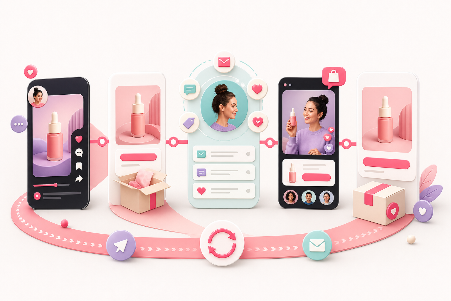 Lifecycle illustration connecting creator discovery, a first order, customer outreach, LIVE reminders, and repeat purchase