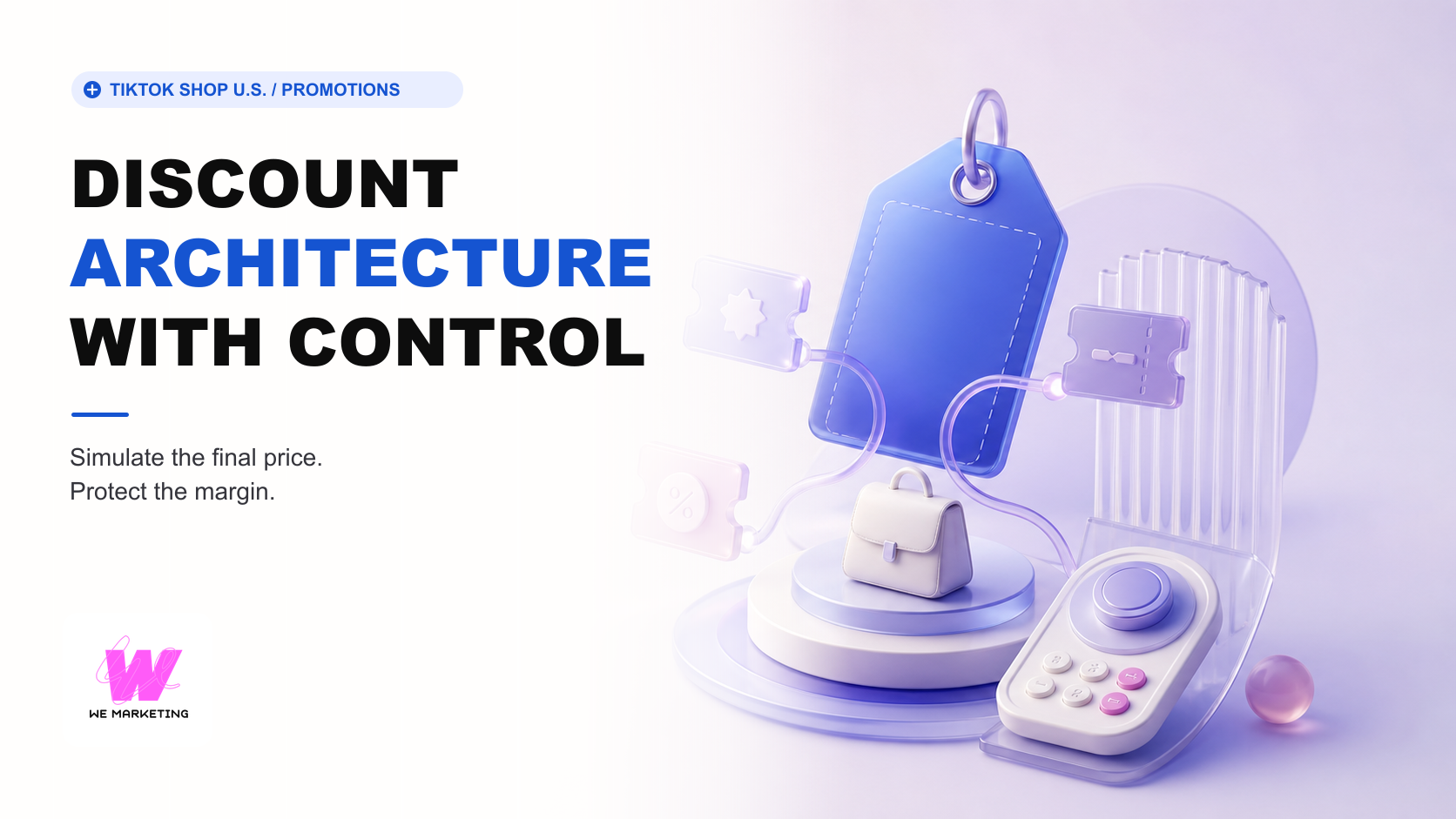 Warm-white and lavender editorial scene with a blue price tag, coupon tokens, product pedestal, and pricing control dial