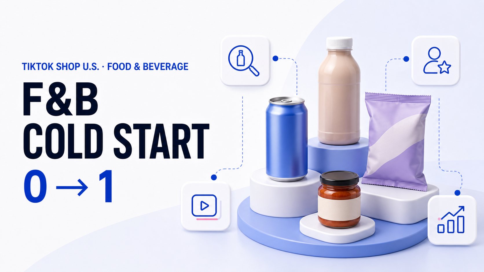 Food, beverage, and condiment hero SKUs arranged for a TikTok Shop 0-to-1 cold-start content test