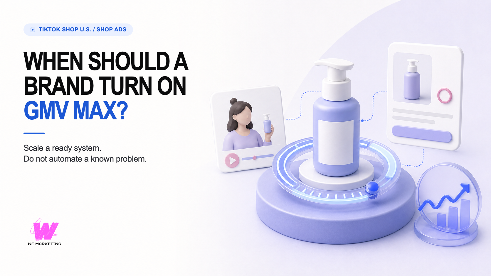 Warm-white and lavender editorial scene with one hero product, optimization dial, authorized creator video, product card, and controlled growth signal