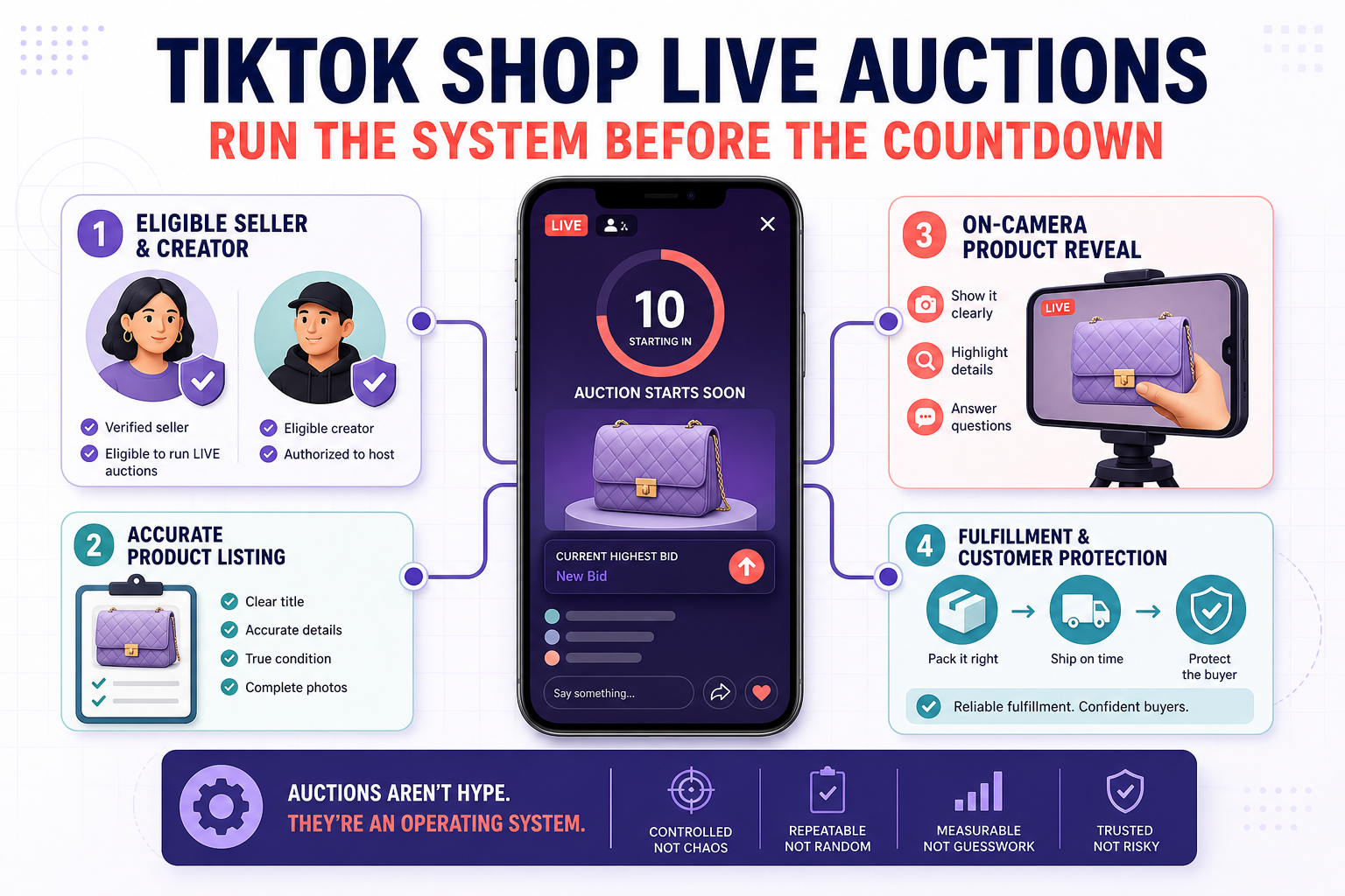 TikTok Shop LIVE auction operating system connecting eligible sellers and creators, accurate listings, on-camera product reveals, and fulfillment