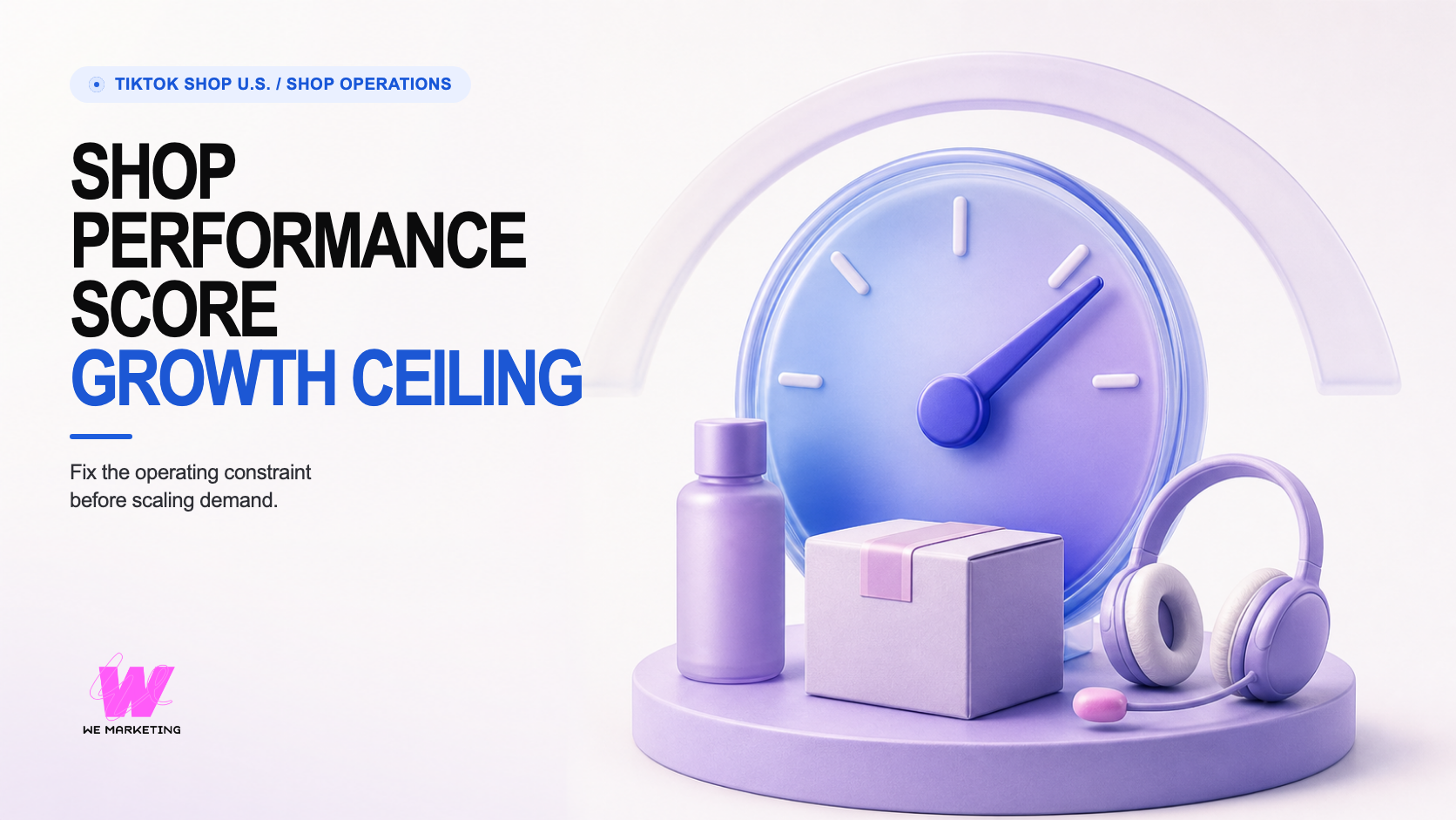 Warm-white and lavender editorial SPS scene with a physical performance gauge, product, parcel, support headset, and soft threshold arch