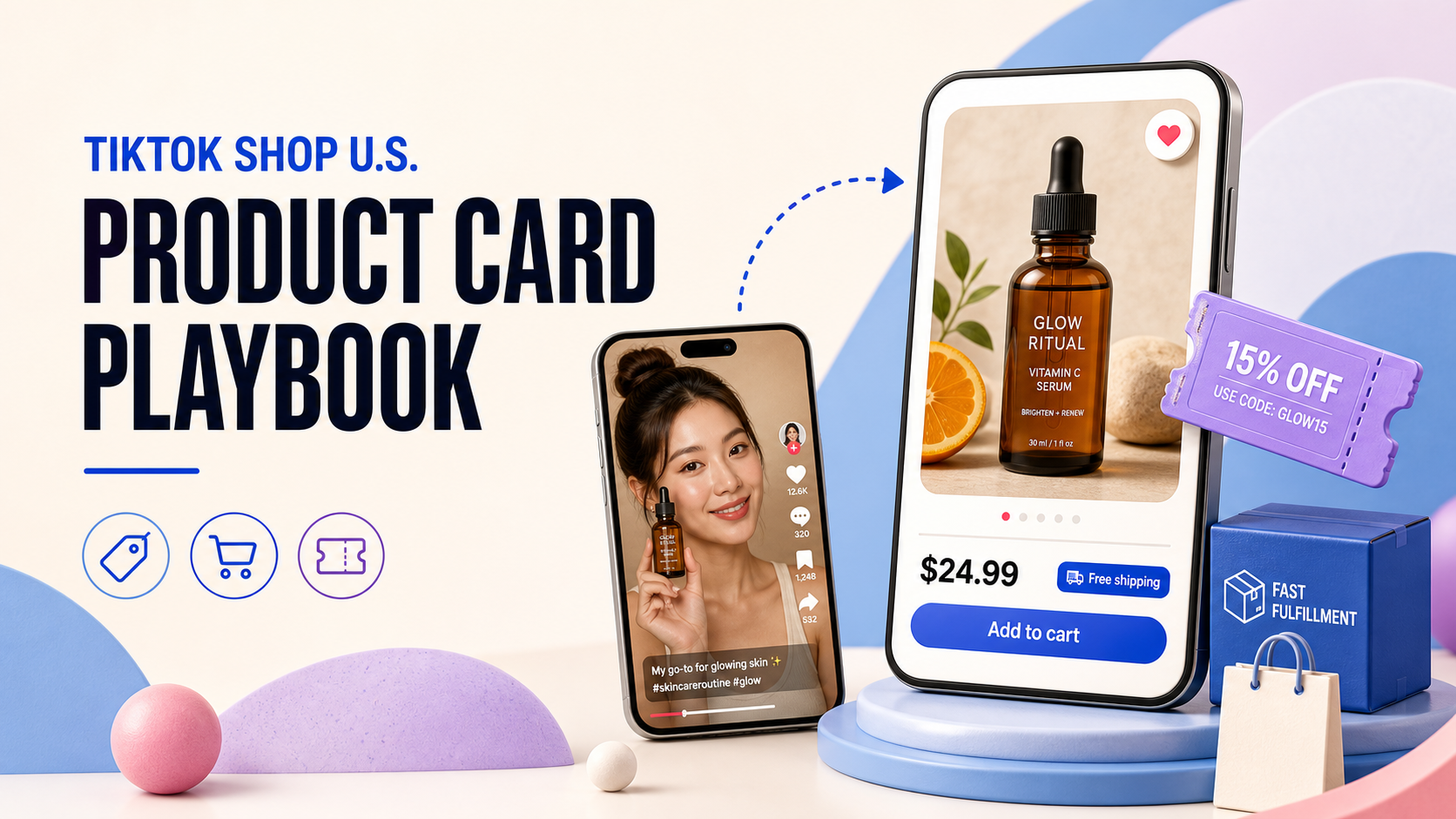 Product-card commerce illustration with creator content, price tags, coupon and fulfillment objects
