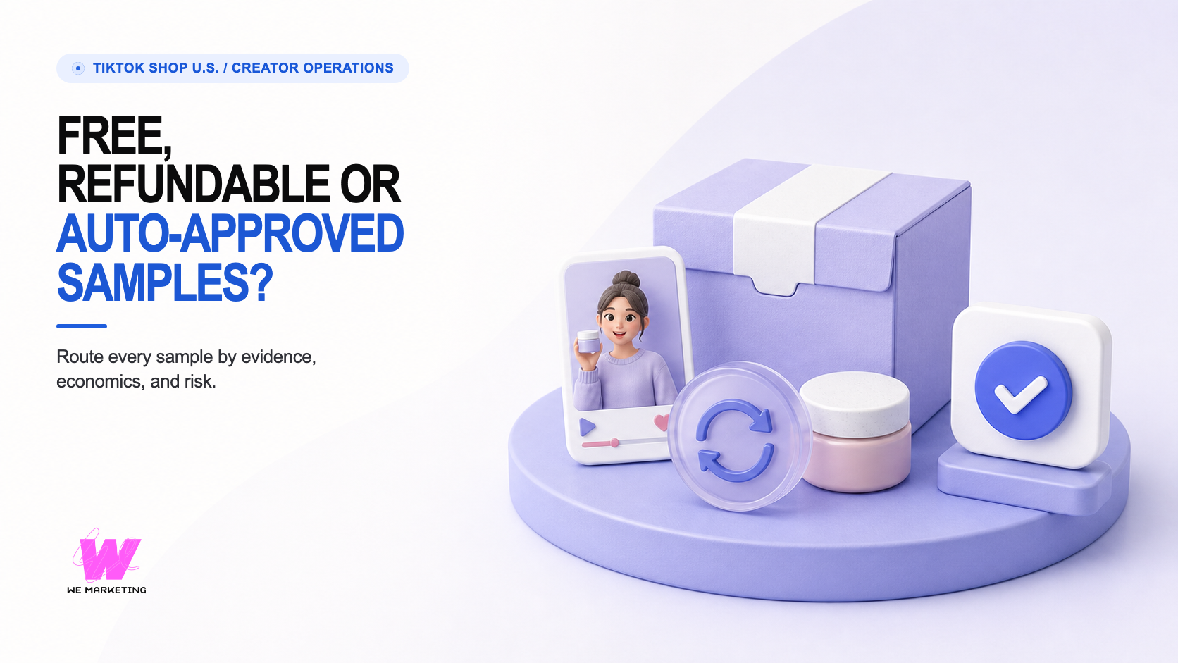 Warm-white and lavender editorial sample-decision scene with a product box, creator video card, refund token, and approval control