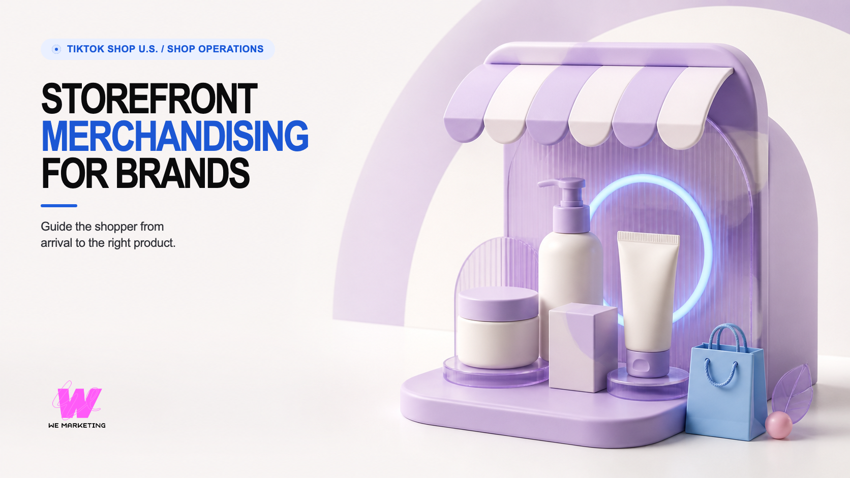 Warm-white and lavender editorial storefront scene with one curved shop awning, a curated product family, a blue shopping bag, and a soft spotlight ring