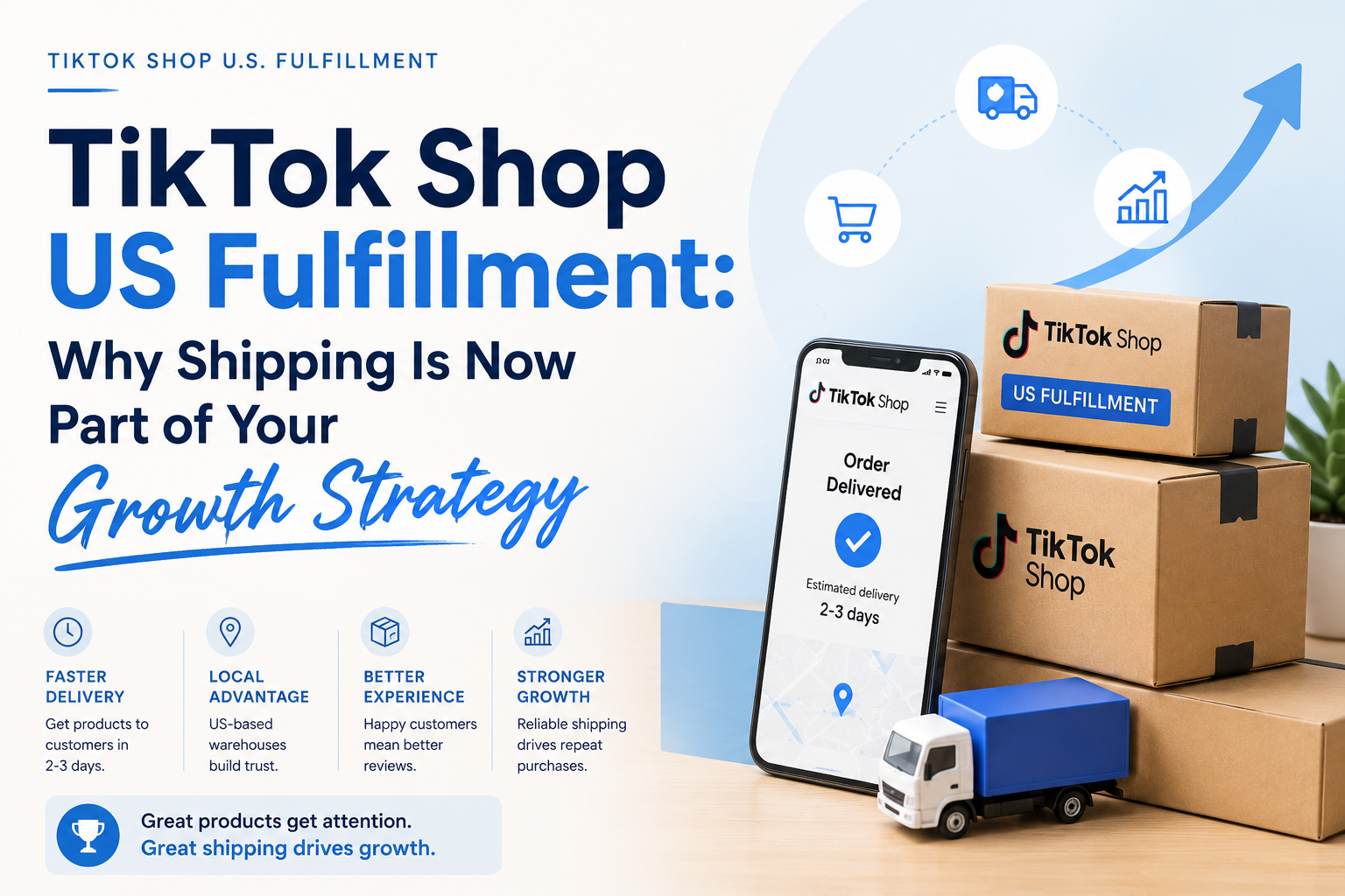 TikTok Shop US fulfillment graphic with shipping boxes, delivery icons, and phone order tracking