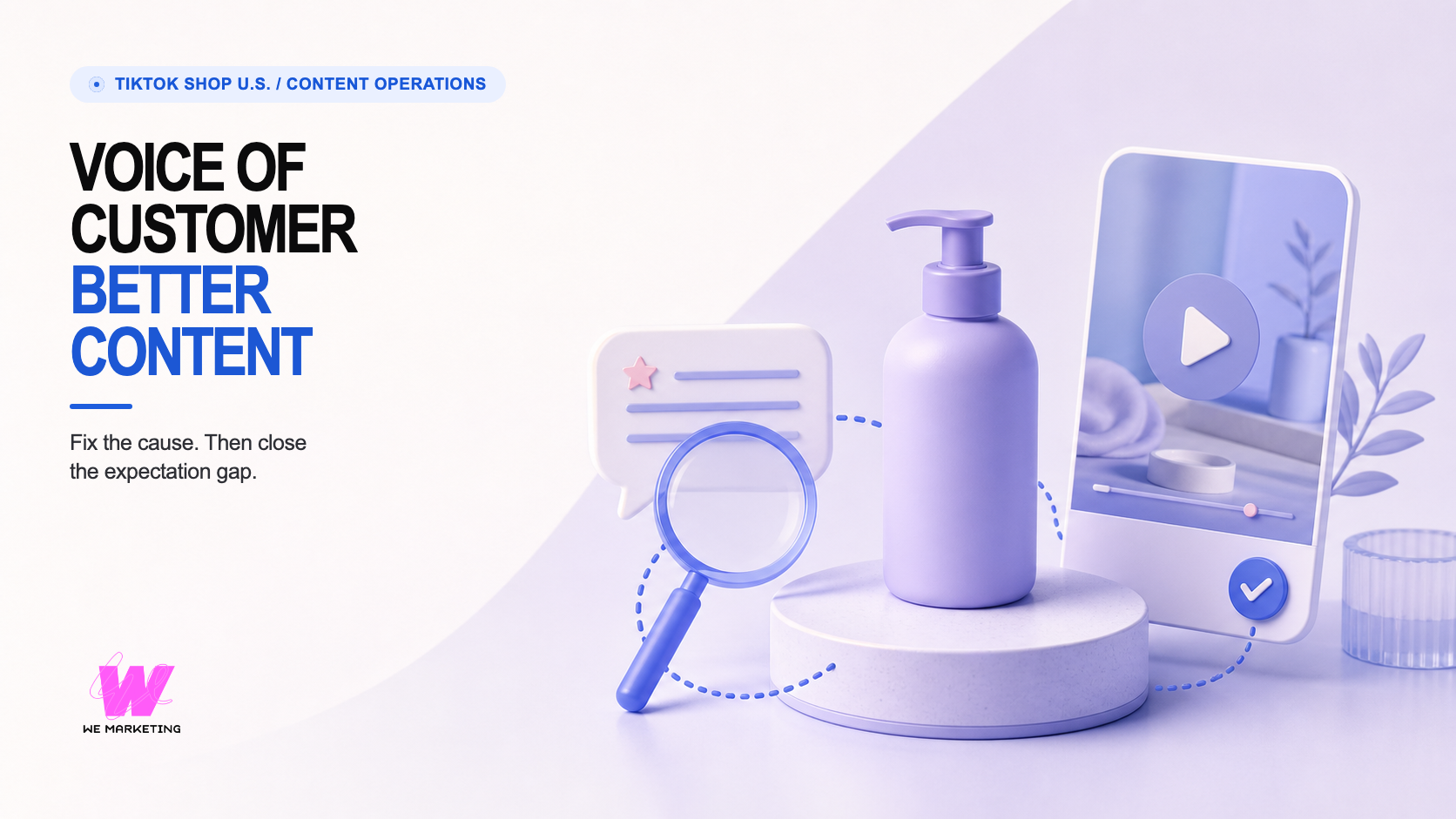 Warm-white and lavender editorial Voice of Customer scene with a product, customer review, magnifying lens, and creator video card