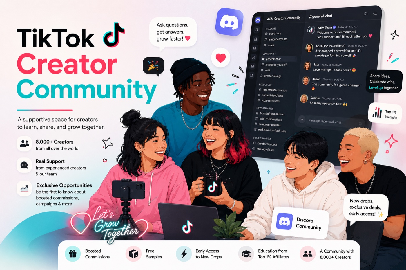 TikTok creator community members learning, sharing opportunities, and supporting each other in the WEM Discord community