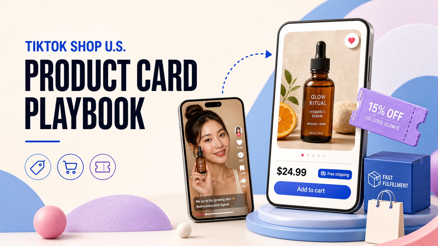 Product-card commerce illustration with a creator video, offer ticket, product page, shopping bag, price tags, and fulfillment box