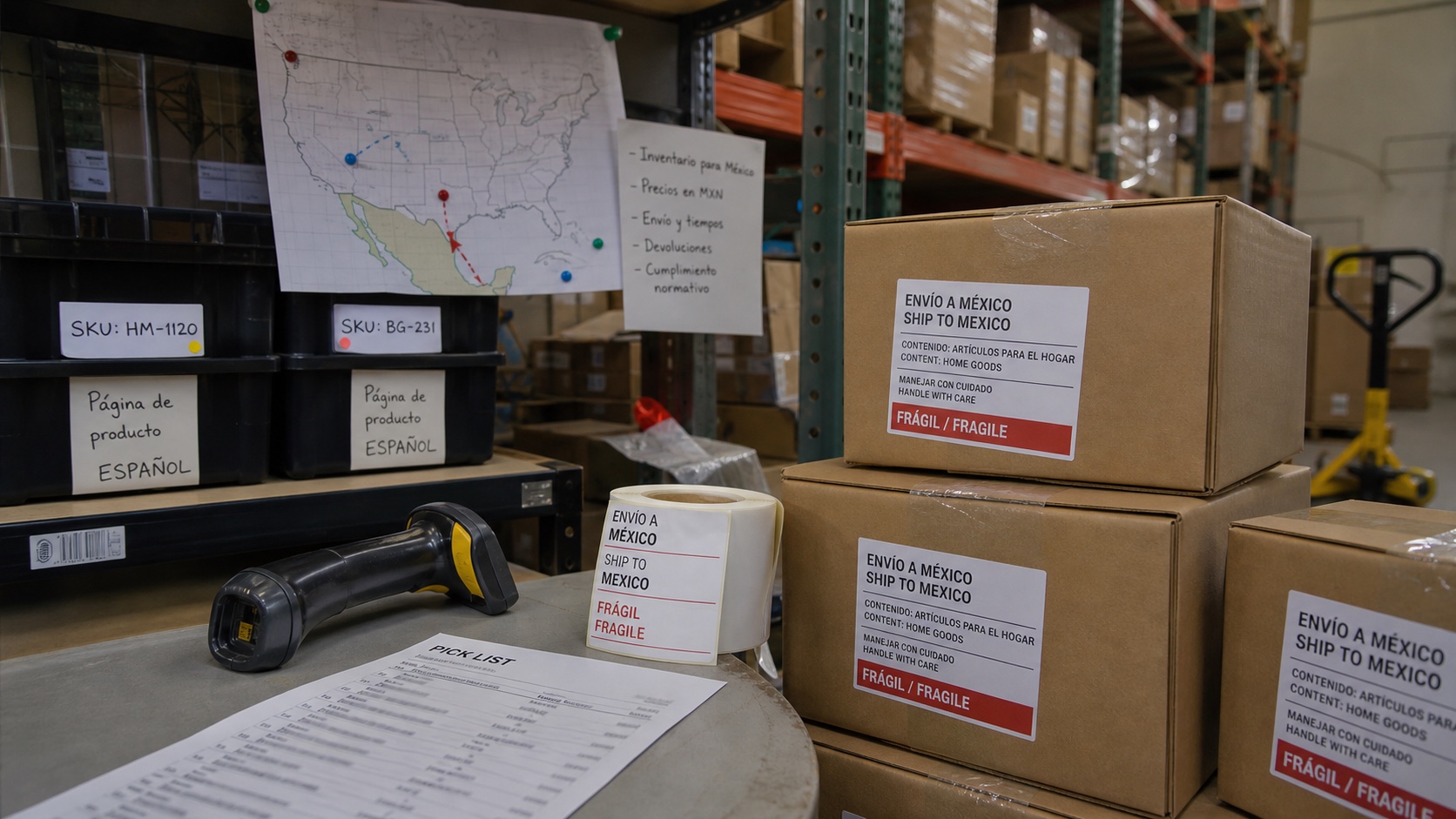 TikTok Shop US to Mexico ecommerce logistics desk with bilingual labels, route map, warehouse boxes, and barcode scanner