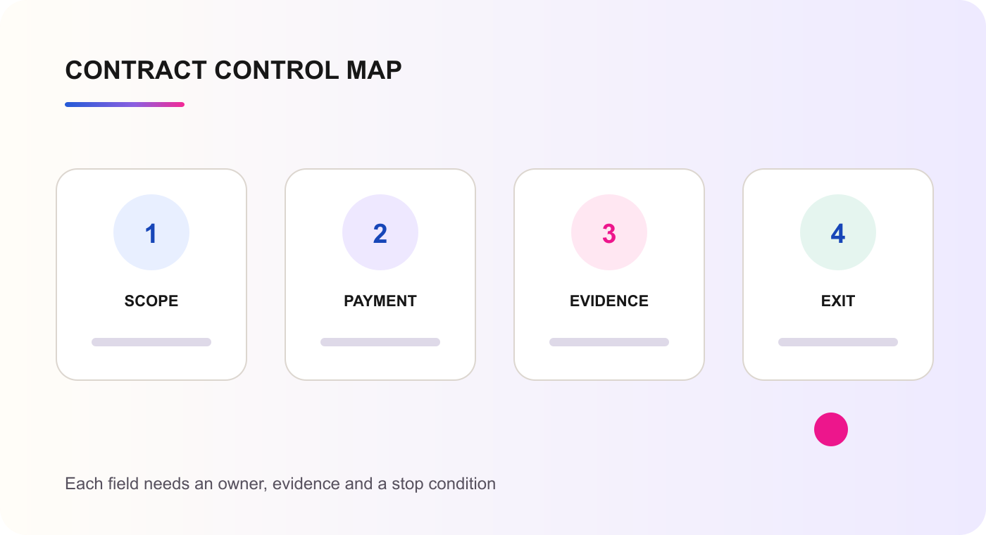 Contract control map covering scope, payment, evidence and exit